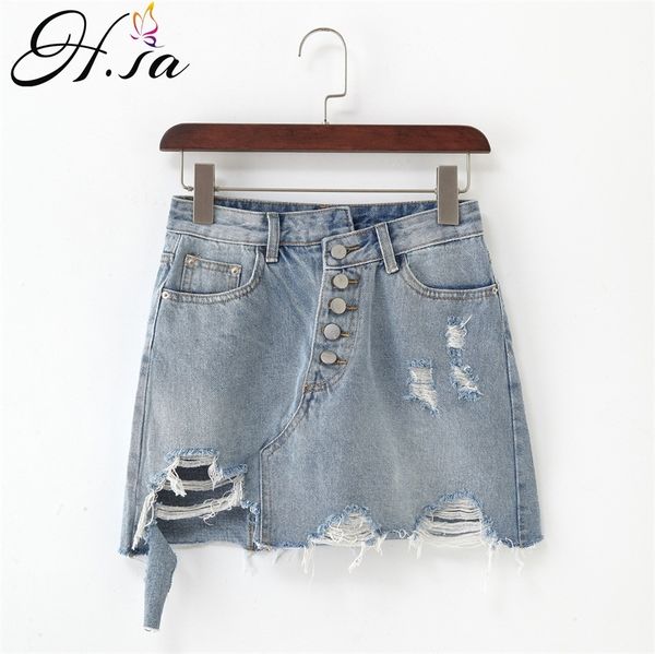 

h.sa plus size fashion midi denim skirt women 2019 summer light blue hole ripped jeans skirt female button tassel school skirt, Black