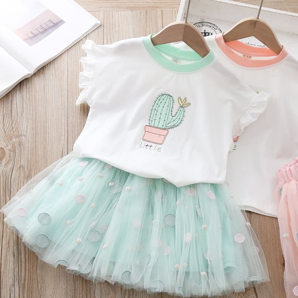 

2020 summer girls set cactus embroidered t shirt and skirt, White