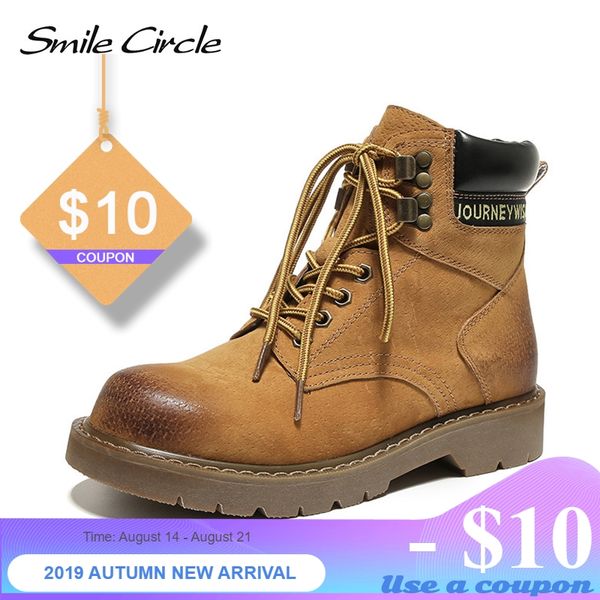 

smile circle ankle boots women platform shoes fashion genuine leather lace-up booties women 2019 autumn, Black