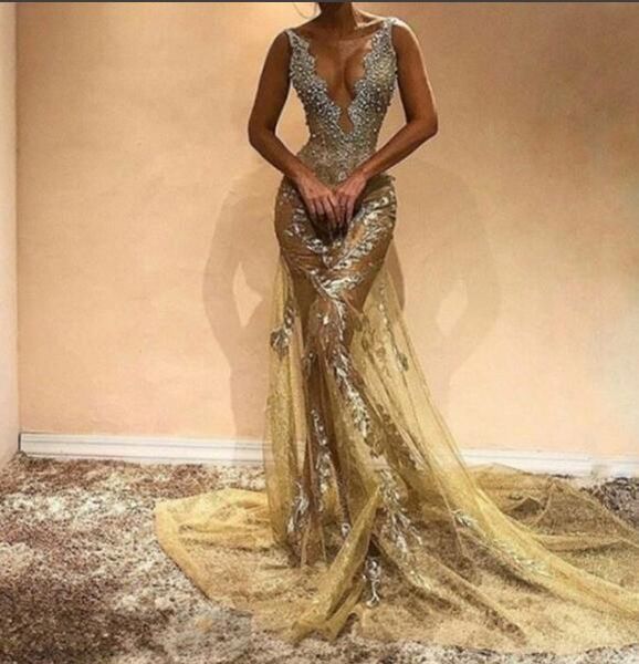 Meerjungfrau Gold Spitze V-Ausschnitt Elie Saab Abendkleider Promi-Abendkleid 2019 lange Designer-Kleider für die Brautmutter