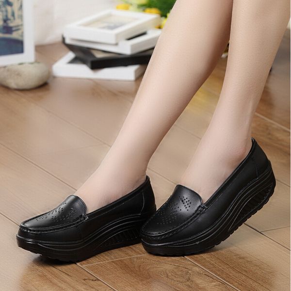 

swing female genuine leather shoes white woman platform casual shoes lady genuine leather wedges women's mother, Black