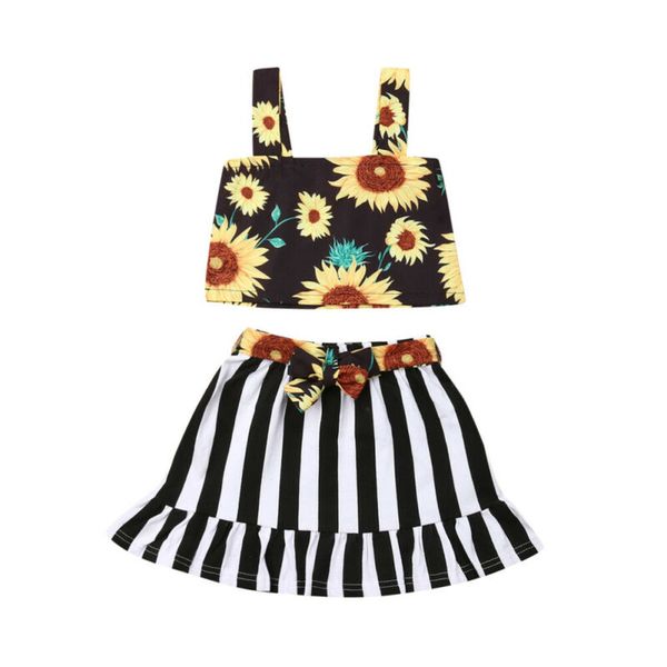 

2019 Summer Baby Clothing Sweet Infant Kids Baby Girl Clothes Sunflower Vest Tops Striped Skirt Outfit Set