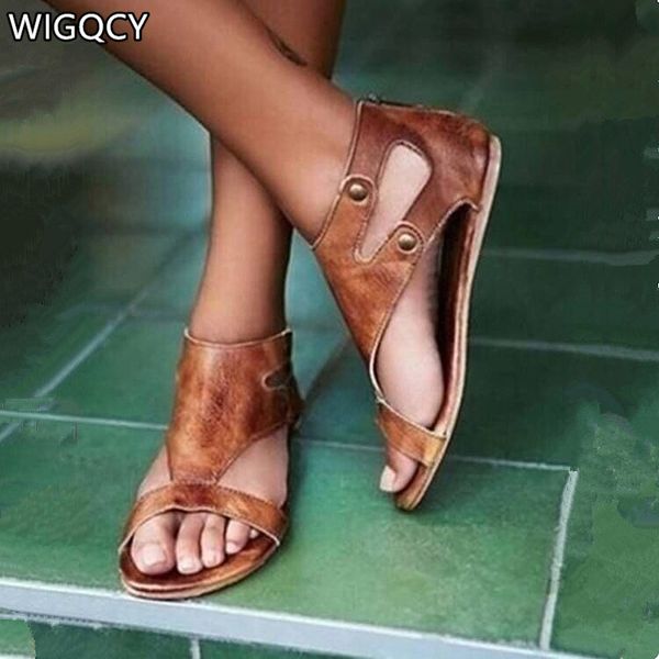 

2020 summer women sandals round head splice rivet flat sandals roman open toe shoes fashion casual walking women shoes d846, Black