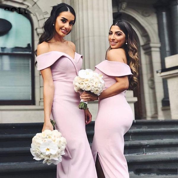 

tea length mermaid bridesmaid dresses off shoulder front split garden simple wedding guest gowns blush pink maid of honor, White;pink