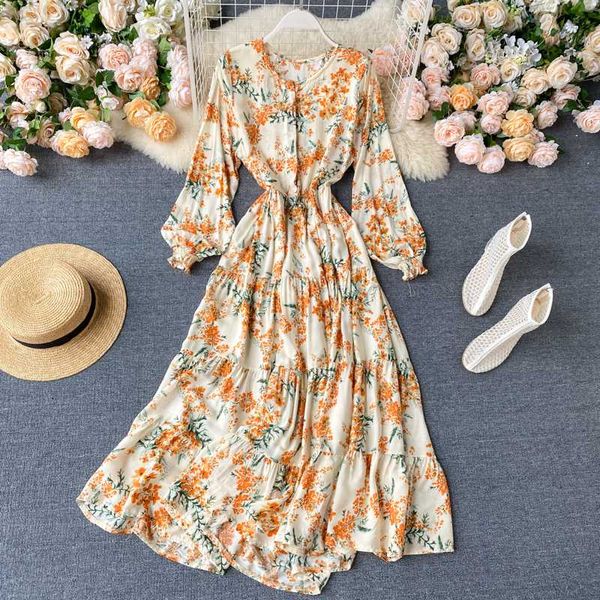 

seaside holiday dress 2020 women new fashion chic super spring summer hipster floral long sleeve vestidos l587, Black;gray