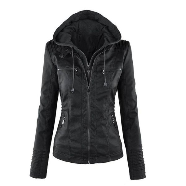 

fashion faux leather jacket women hooded zippers winter autumn jackets slim outerwear, Black