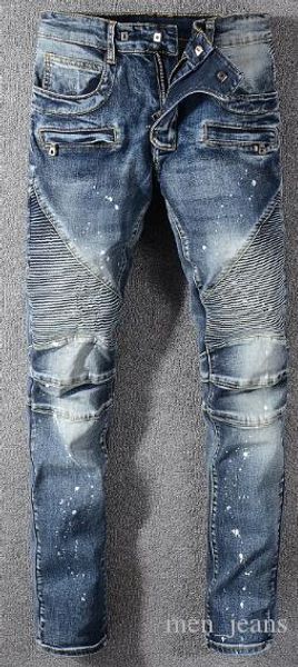 

дизайнер бренда одежды упругие тонкий джинсы темно-синий белая краска спрей джинсы мужские молнии брюки моды брюки, Blue