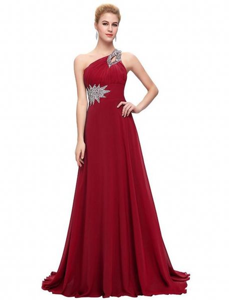 

dark red long evening dresses chiffon formal prom dresses one shoulder elegant evening gowns party dresses, Black;red