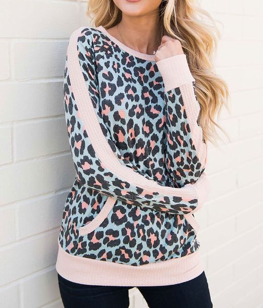 

мода леопард печатных женщин футболка весна осень дизайнер круглый вырез женские топы повседневная дамы трубопроводов тройники с карманом, White