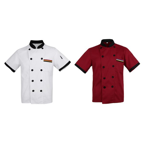 

2 set chef jacket stripe short sleeve l kitchen chefwear coat, White;black