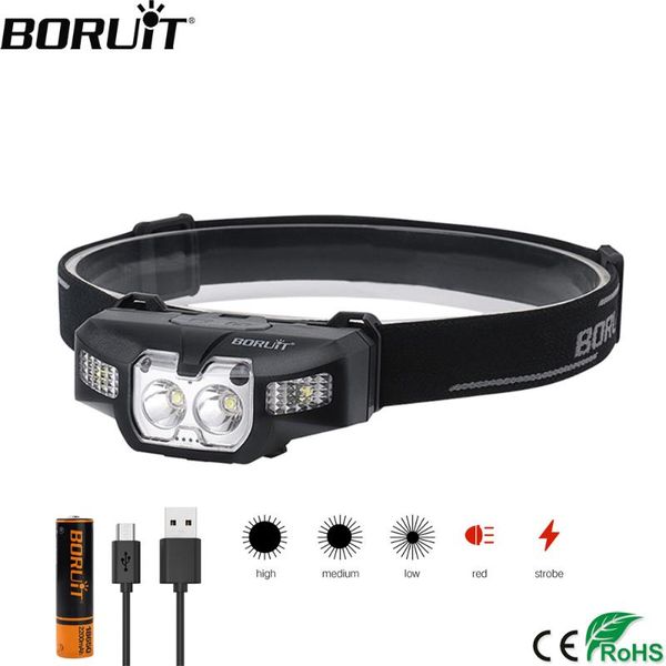 

headlamps boruit b30 led ir motion sensor mini headlamp 2 * xp - g2 + 3030 red 5-mode headlight rechargeable head torch hunting light