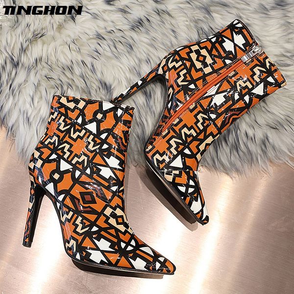 

tinghon new winter women ankle boots patchwork geometry high heels shoes woman pointed toe fashion boots 35-42, Black