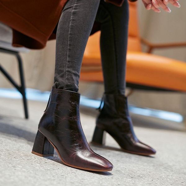 

mljuese 2020 women ankle boots cow leather zippers wine red color square toe vintage high heels winter short plush women boots party dress, Black