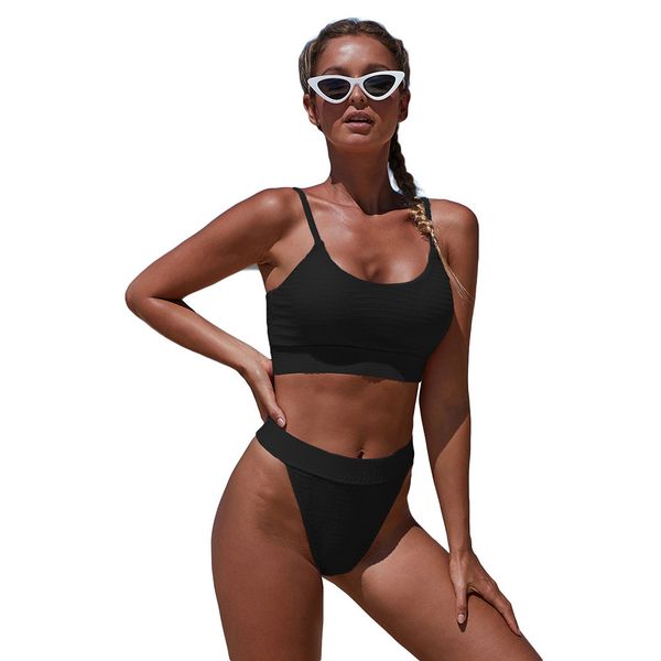 

ins new bikini holiday two-piece swimsuit solid color large size high waist triangle bikini sale, White;black