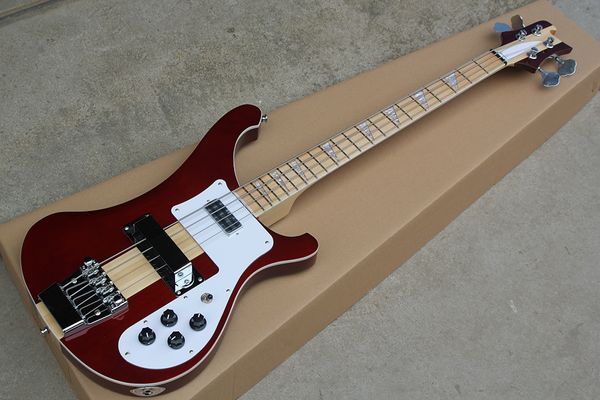 Factory Wine personalizado Red Bass Guitar de 4 cordas com pescoço com bordo de bordo de bordo cromo hardwares 2 pikcups oferecem personalizado