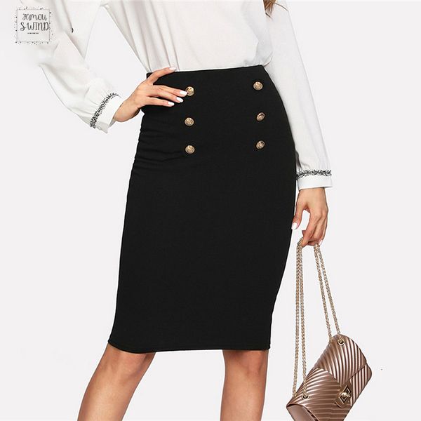 

black double button women skirt high waist knee length ol solid pencil skirt spring elegant skirt
