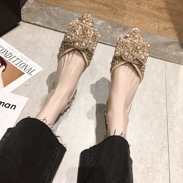 

остроконечные toe блеск обувь casual женщины кроссовки женщины pearl decorateion мелкий рот flats женские мокасины лодка новая бисероплетени, Black