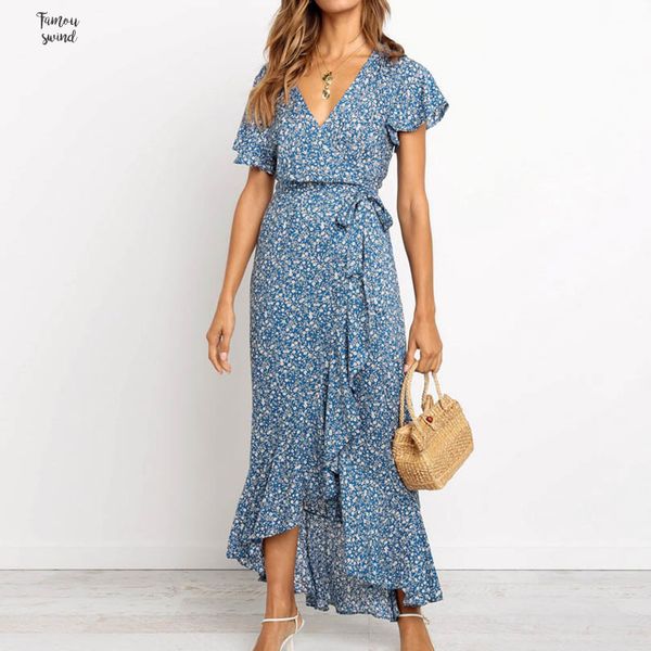 

long maxi dress ruffles casual boho floral print chiffon beach dress v neck bodycon wrap high slit party dress, Black;gray