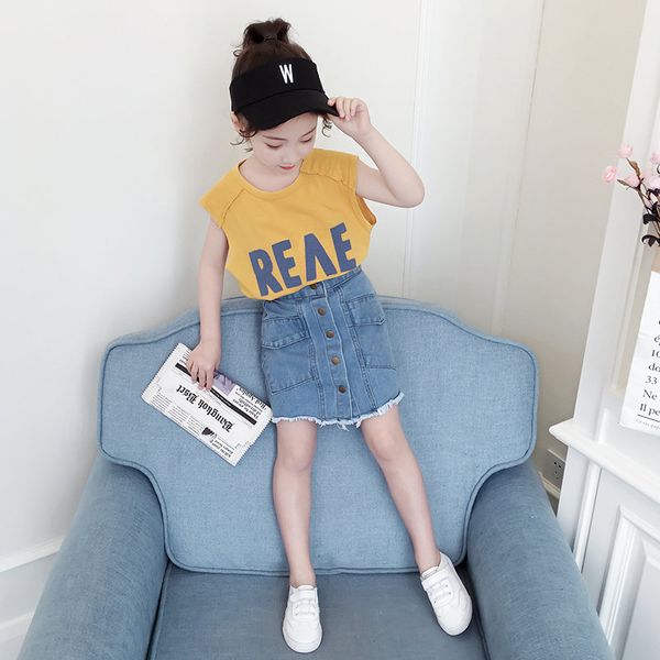 

fashion girls clothes sets for girls summer kids casual outfits sleeveless t shirt + denim skirts 2pcs children's clothing set, White