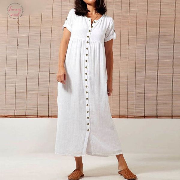 

plus size women vintage dress 2020 summer long dresses short sleeve casual loose buttons solid party maxi vestidos robe, Black;gray