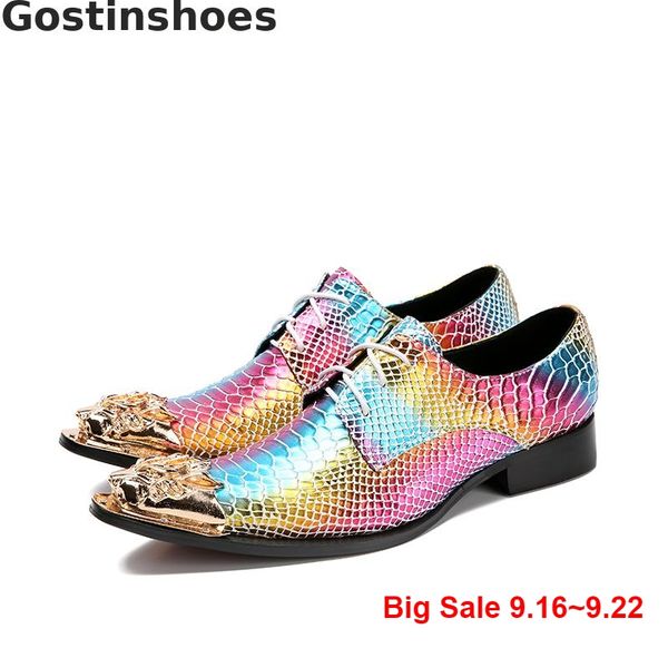 

fashion rainbow men derby shoes genuine leather snakeskin printed golden metal capped toe lace-up casual leather shoes for men, Black