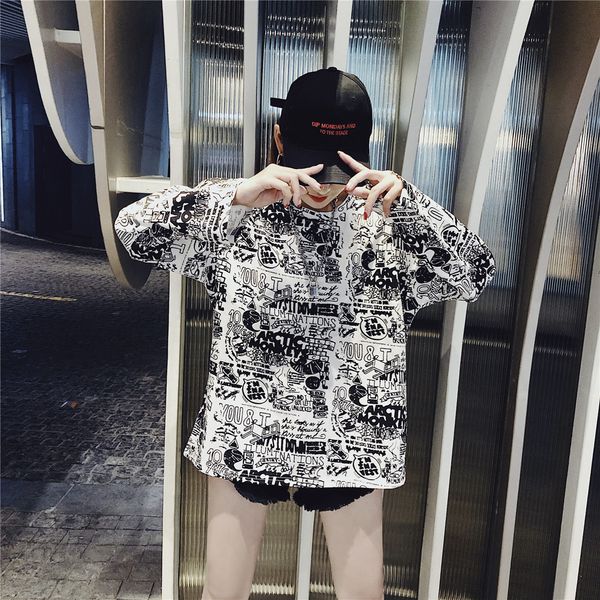 

loose t-shirt bottoming letters doodle long-sleeved 100% hop 2019 hip shipping wild shirt t-shirt new cotton uhqwb, Black