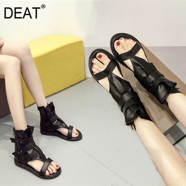 

deat] 2020 new spring summer round toe zipper pu leather casual black flat simple sandals women fashion tide 10d105