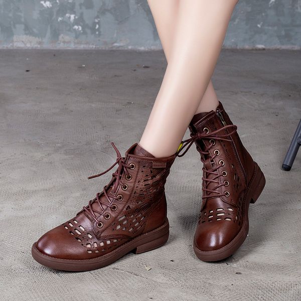 

women 's leather sandals boots lace up 2020 new hollow baotou high-square sandals non-slip wear-resistant, Black