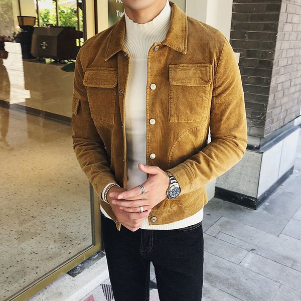 

autumn winter new men's jacket warm slim fashion man coat casual multi-pocket decorative corduroy bomber outerwear men, Black;brown