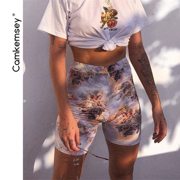

camkemsey women cute angle print street skinny shorts 2019 new summer style elastic high waist fitness shorts, White;black