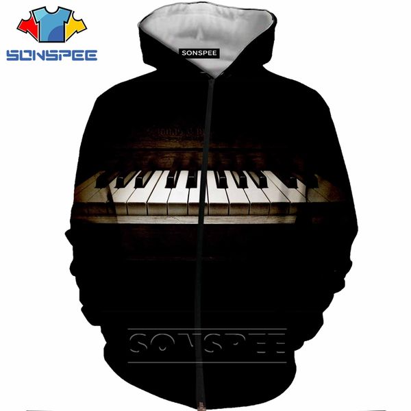 

новая мода прохладный фуфайки hoodies мужской спортивной женщины 3d печати куртка piano keys сыпучие горячей стиль streetwear рок одежда, Black
