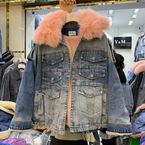 

denim jacket women's winter parka coat new real natural fur collar thick cropped jacket padded coat ladies warm outwear, Black