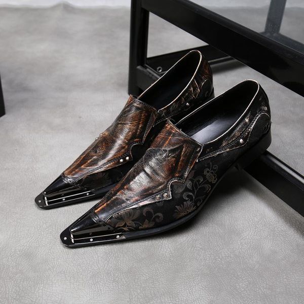 

genuine leather pointed toe ankle formal men shoes vintage floral slid-on wedding men shoes, Black