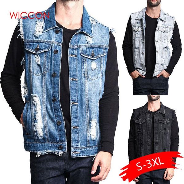 

plus size men's sleeveless jacket coat 2020 vintage hole tassel denim vests blue black outerwear ripped pocket waistcoat summer, Black;white