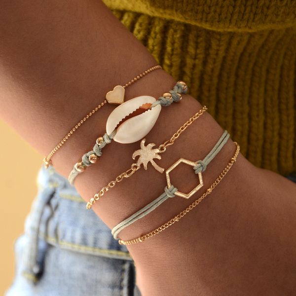 

2019 new bohemian cute sweet charm bracelet for women 5pcs/set natural shell hand-woven bracelet coco polygon love set, Golden;silver