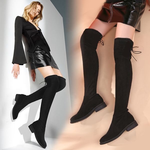 

katelvadi size 34-43 over knee round toe square low heels black flock women thigh high snow winter boots k-196 mx200324