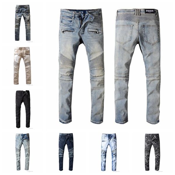 

2019 balmain men distressed ripped biker jeans slim fit motorcycle biker denim for men fashion designer hip hop mens jeans, Blue