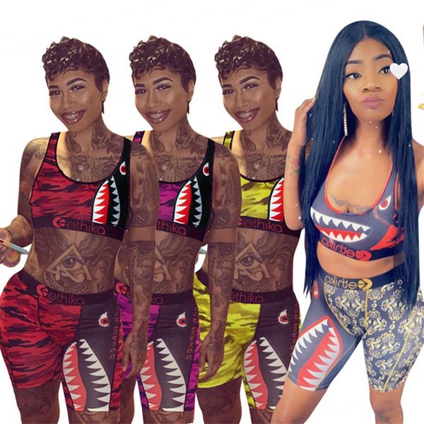 

camouflage women swimwear sports vest crop + shorts two piece suit summer swimsuit shark print camo tanks short pants outfits clothing, Blue