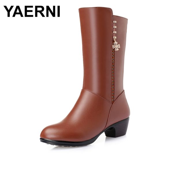 

yaerni winter boots fashion genuine leather+pu shoes thick heel mid calf boots 2017 women's fashion comfortable shoes e320, Black
