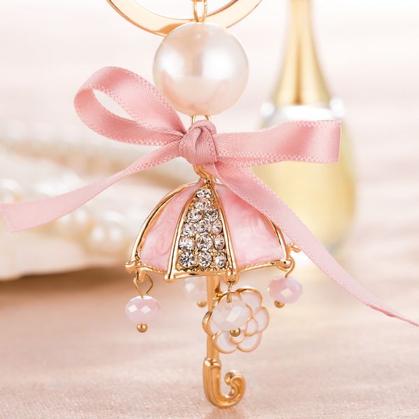 

cute key ring chains holder for bag bowknot flower umbrella charm pendant gold keychain pearls jewelry for women girl gift, Silver