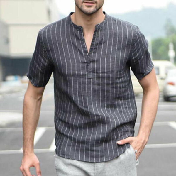 

summer men linen v neck short sleeve shirt stiped basic tee casual blouse, White;black