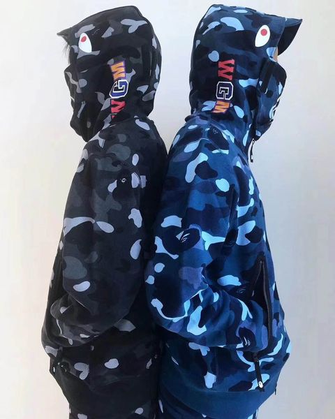 

autumn winter mens womens jacket aape fashion trend personality sweater shark camo mask hooded sweater plus velvet warm casual wild hoodies, Black;brown