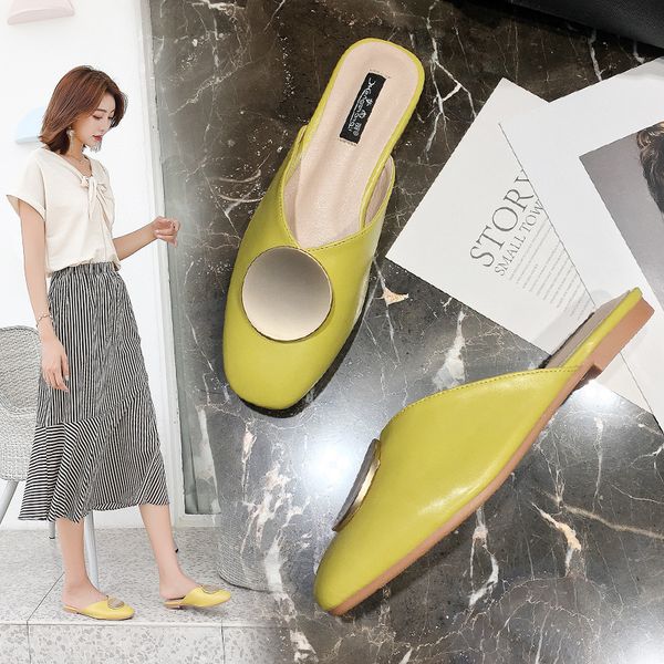 

flat shoes female cover toe loafers slippers casual slides slipers women rivet low soft 2020 fabric pu rubber fashion, Black