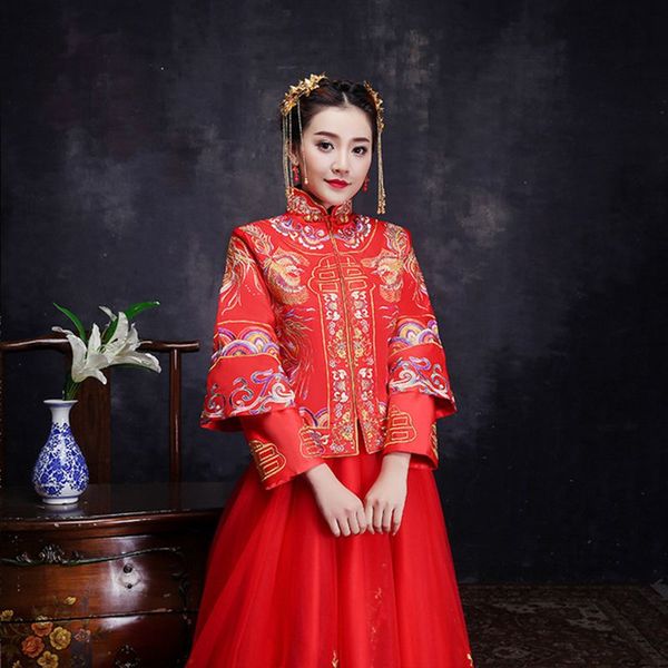 

chinese women traditional cheongsam flower embroidery satin lady qipao bride wedding trailing mesh dress stage show clothing, Red