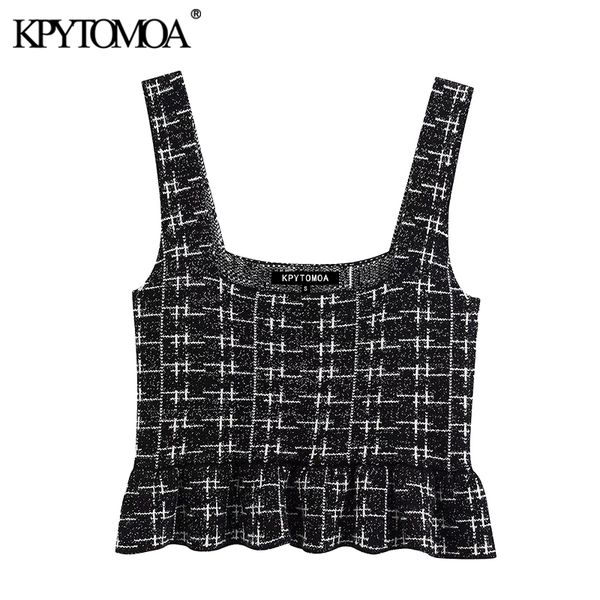 

kpytomoa women 2020 sweet fashion plaid ruffled cropped knitted blouses vintage square collar wide straps female shirts chic top, White