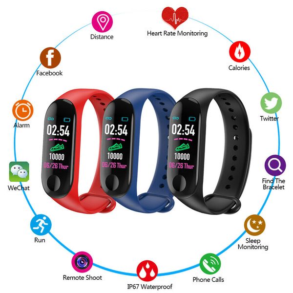 

m3 plus smart bracelet heart rate blood pressure phone sms multi-sports mode weather automatic bright screen mi band 3 wristbands