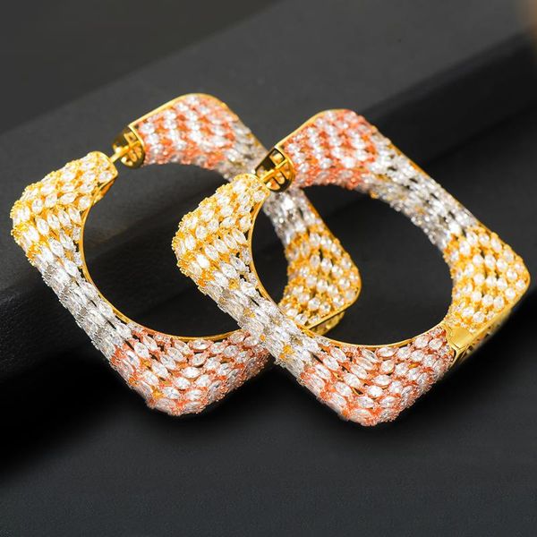 

godki luxury square statement big hoop earrings for women wedding cubic zircon cz dubai bridal round circle hoop earring 2020, Golden;silver