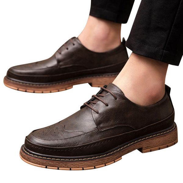 

men's shoes casual spring leather shoes soft quality men's carved retro british style thick-soled business casual, Black
