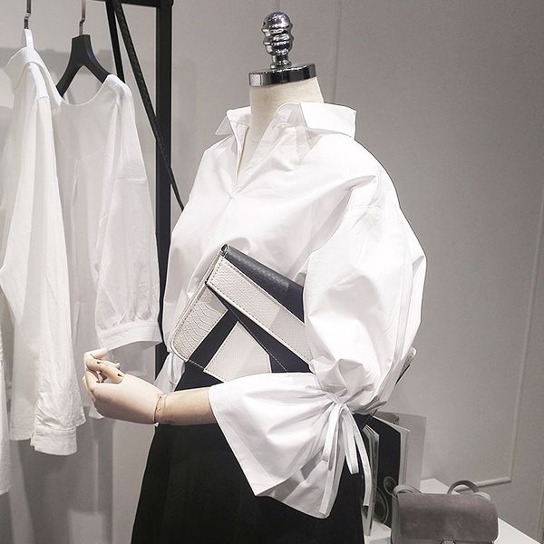 

2019 новая белая рубашка женщины повседневная flare рукав девять четвертей блузка офис дамы v-образным вырезом сексуальная повседневная одеж, White