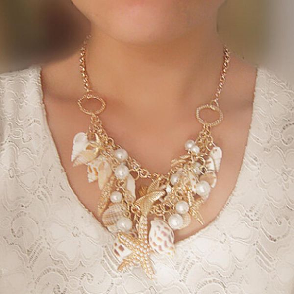 

chunky women sea shell starfish faux pearl pendant chain necklace jewelry gift new, Silver